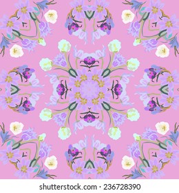 Circular seamless pattern of colored tulips, crocuses , floral motifs on a light pink background. Handmade. 