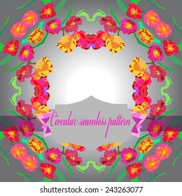 Circular seamless pattern of colored tulips, floral motifs, label, text  on a gradient  background. Hand drawn. 