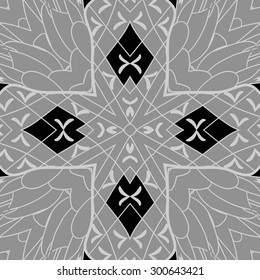 Circular seamless  pattern of decorative floral motif,  stripes, spots, cross. Hand drawn.