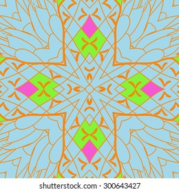 Circular seamless  pattern of decorative floral motif,  stripes, spots, cross. Hand drawn.