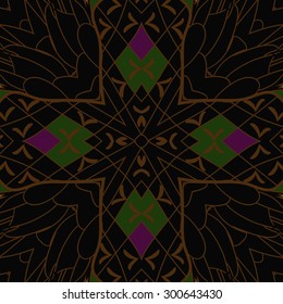 Circular seamless  pattern of decorative floral motif,  stripes, spots, cross. Hand drawn.
