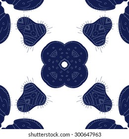 Circular seamless  pattern of decorative floral motif, doodles, ellipses, spots, stripes. Handmade.