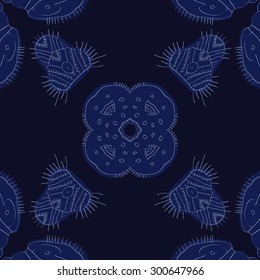 Circular seamless  pattern of decorative floral motif, doodles, ellipses, spots, stripes. Handmade.