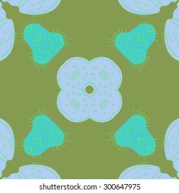 Circular seamless  pattern of decorative floral motif, doodles, ellipses, spots, stripes. Handmade.