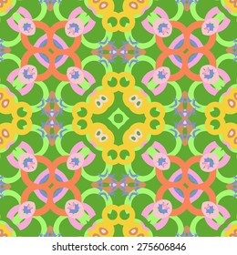 Circular seamless  pattern of decorative motif, spots, stars, bagels, ellipses. Handmade.