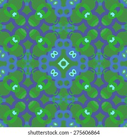 Circular seamless  pattern of decorative motif, spots, stars, bagels, ellipses. Handmade.