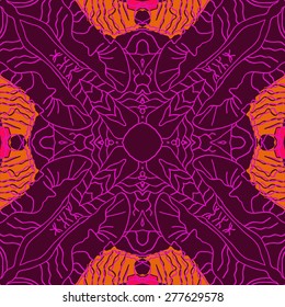 Circular seamless pattern of decorative motif, stripes, spots. Hand drawn.