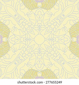 Circular seamless pattern of decorative motif, stripes, spots. Hand drawn.