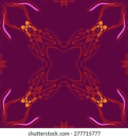 Circular seamless pattern of decorative motif, stripes, ellipses, leaves, branches. Hand drawn, copy space.