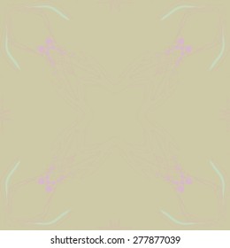 Circular seamless pattern of decorative motif, stripes, ellipses, leaves, branches. Hand drawn, copy space.