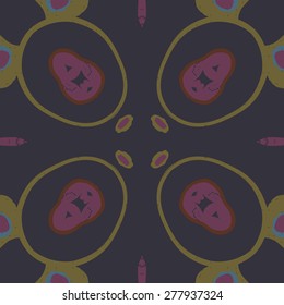 Circular seamless pattern of  decorative  motif, ellipses, stamens, hole, spots. Hand drawn.