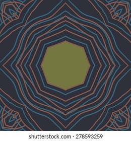Circular  seamless pattern of  decorative motif, stripes,stars, copy space. Hand drawn, delicate.