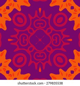 Circular  seamless pattern of  decorative motif, ellipses,spots,spirals, star. Hand drawn.