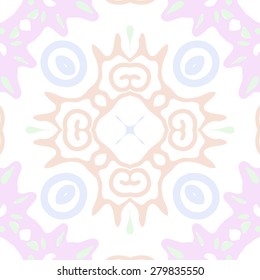 Circular  seamless pattern of  decorative motif, ellipses,spots,spirals, star. Hand drawn.