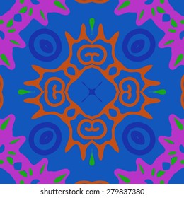 Circular  seamless pattern of  decorative motif, ellipses,spots,spirals, star. Hand drawn.