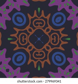 Circular  seamless pattern of  decorative motif, ellipses,spots,spirals, star. Hand drawn.