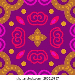 Circular  seamless pattern of decorative motif, spirals, star, ellipses. Hand drawn.