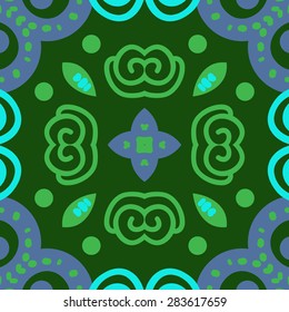 Circular  seamless pattern of decorative motif, spirals, star, ellipses. Hand drawn.