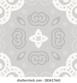 Circular  seamless pattern of decorative motif, spirals, star, ellipses. Hand drawn.
