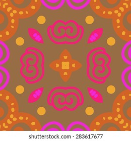 Circular  seamless pattern of decorative motif, spirals, star, ellipses. Hand drawn.