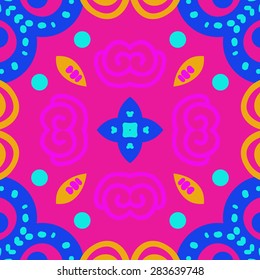 Circular  seamless pattern of decorative motif, spirals, star, ellipses. Hand drawn.
