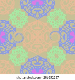 Circular  seamless pattern of decorative motif,  spots, spirals,ellipses, hole, stars. Hand drawn.