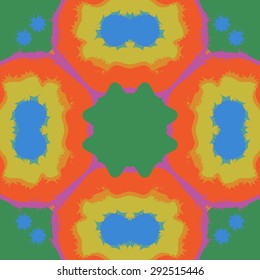 Circular seamless  pattern of decorative motif, spots, stripes, stars,  copy space. Hand drawn.