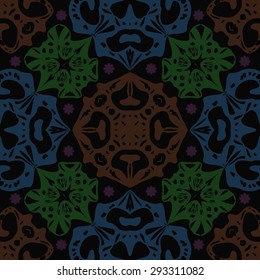 Circular seamless  pattern of decorative motif, stars, spirals,ellipses, hole. Handmade.