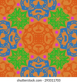 Circular seamless  pattern of decorative motif, stars, spirals,ellipses, hole. Handmade.