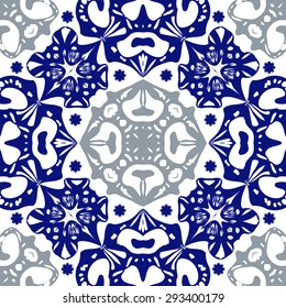 Circular seamless  pattern of decorative motif, stars, spirals,ellipses, hole. Handmade.