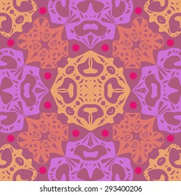 Circular seamless  pattern of decorative motif, stars, spirals,ellipses, hole. Handmade.