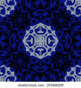 Circular seamless  pattern of decorative motif, stars, spirals,ellipses, hole. Handmade.