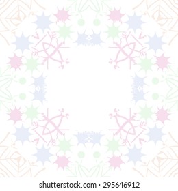 Circular seamless  pattern of decorative motif,  snowflakes, spots, waves, stars,  copy space. Hand drawn, winter theme.