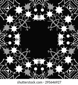 Circular seamless  pattern of decorative motif,  snowflakes, spots, waves, stars,  copy space. Hand drawn, winter theme.