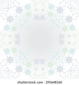 Circular seamless  pattern of decorative motif,  snowflakes, spots, waves, stars,  copy space. Hand drawn, winter theme.