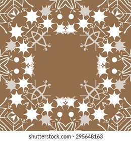 Circular seamless  pattern of decorative motif,  snowflakes, spots, waves, stars,  copy space. Hand drawn, winter theme.