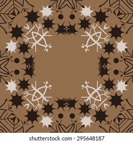 Circular seamless  pattern of decorative motif,  snowflakes, spots, waves, stars,  copy space. Hand drawn, winter theme.