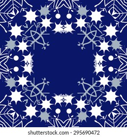 Circular seamless  pattern of decorative motif,  snowflakes, spots, waves, stars,  copy space. Hand drawn, winter theme.