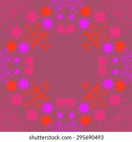 Circular seamless  pattern of decorative motif,  snowflakes, spots, waves, stars,  copy space. Hand drawn, winter theme.