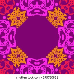 Circular seamless  pattern of decorative motif, stars, spirals,ellipses, hole, copy space. Handmade.