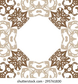 Circular seamless  pattern of decorative motif, stars, spirals,ellipses, hole, copy space. Handmade.