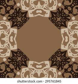 Circular seamless  pattern of decorative motif, stars, spirals,ellipses, hole, copy space. Handmade.
