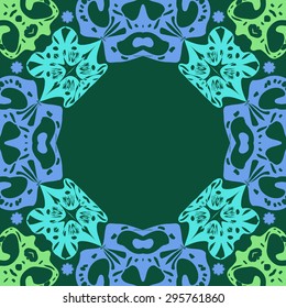 Circular seamless  pattern of decorative motif, stars, spirals,ellipses, hole, copy space. Handmade.