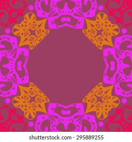 Circular seamless  pattern of decorative motif, stars, spirals,ellipses, hole, copy space. Handmade.