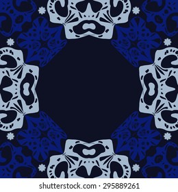 Circular seamless  pattern of decorative motif, stars, spirals,ellipses, hole, copy space. Handmade.