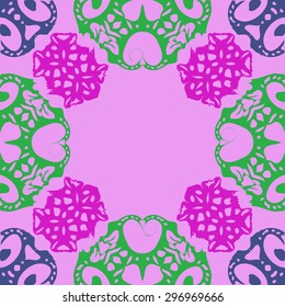 Circular seamless  pattern of decorative motif,  spirals, ellipses, hole, copy space. Handmade.