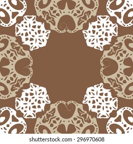 Circular seamless  pattern of decorative motif,  spirals, ellipses, hole, copy space. Handmade.