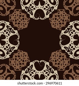 Circular seamless  pattern of decorative motif,  spirals, ellipses, hole, copy space. Handmade.