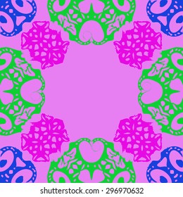 Circular seamless  pattern of decorative motif,  spirals, ellipses, hole, copy space. Handmade.