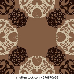 Circular seamless  pattern of decorative motif,  spirals, ellipses, hole, copy space. Handmade.